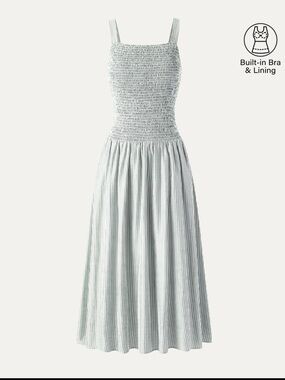 OGL Sage green Striped Poplin Square Neck Smocked Midi Bra Dress new without